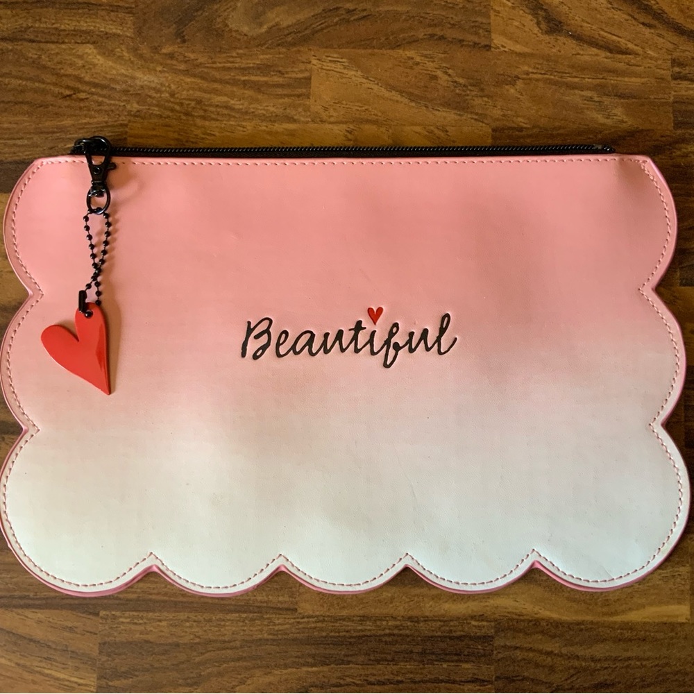Light Ombré Pink Leather Zipper Logo Clutch with Heart Charm
